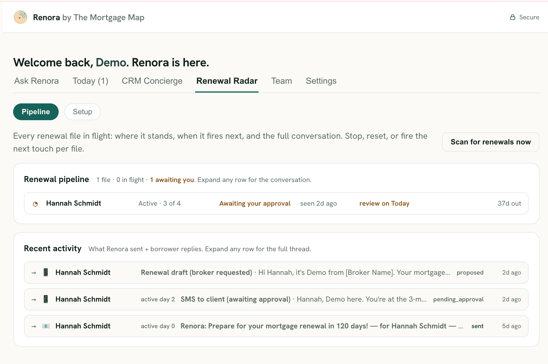 Renewal Radar pipeline: every renewal file in flight, what it needs, and when it fires next.